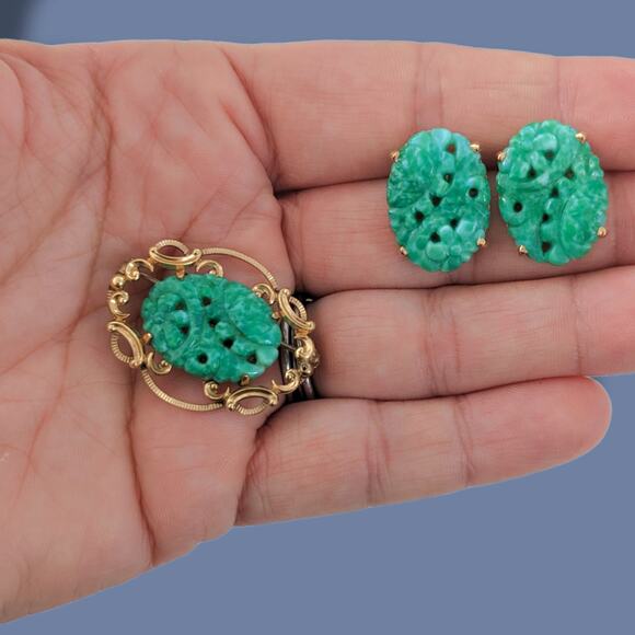 VTG Van Dell Brooch & Earrings GF Gold Filled Faux Jade Green Peking Glass - Picture 3 of 7
